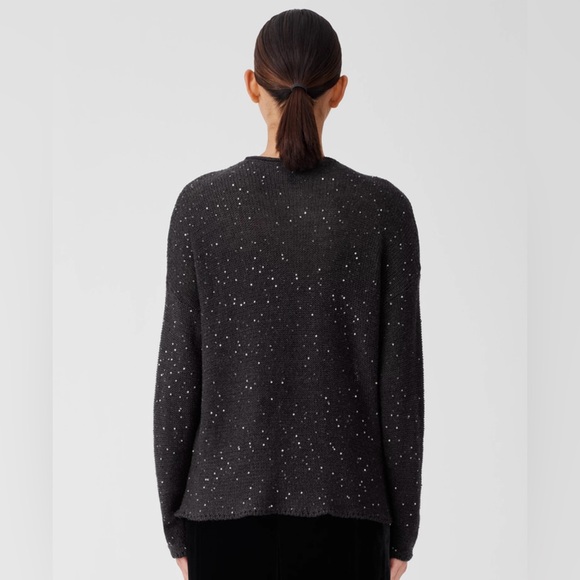 NWT Eileen Fisher Black Sequin Merino Wool Long Sleeve Crew Neck Sweater XS - Picture 2 of 9